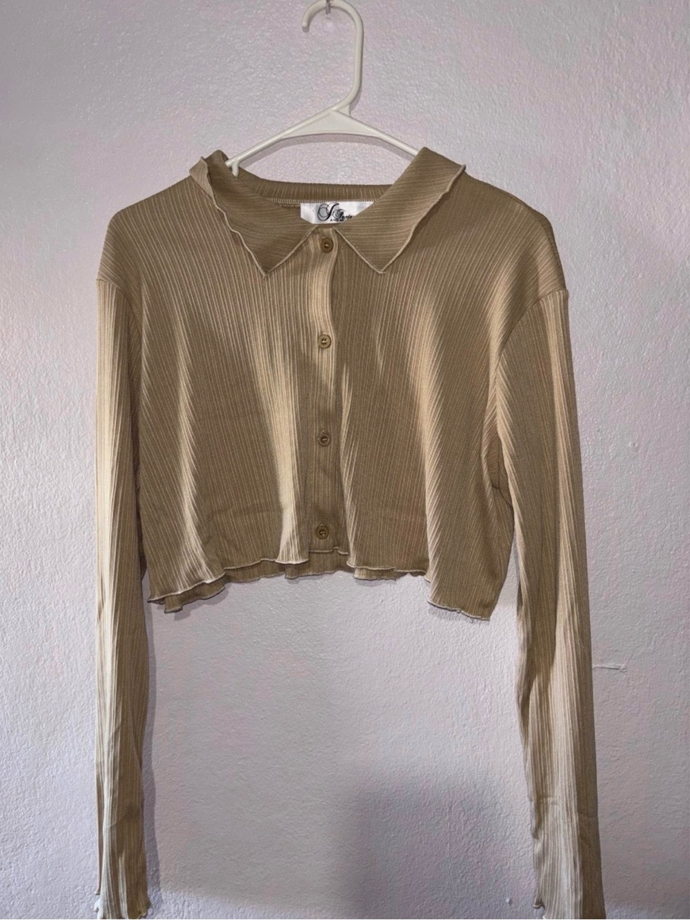 Cropped Ribbed Button-Down Shirt in Tan by Unbranded